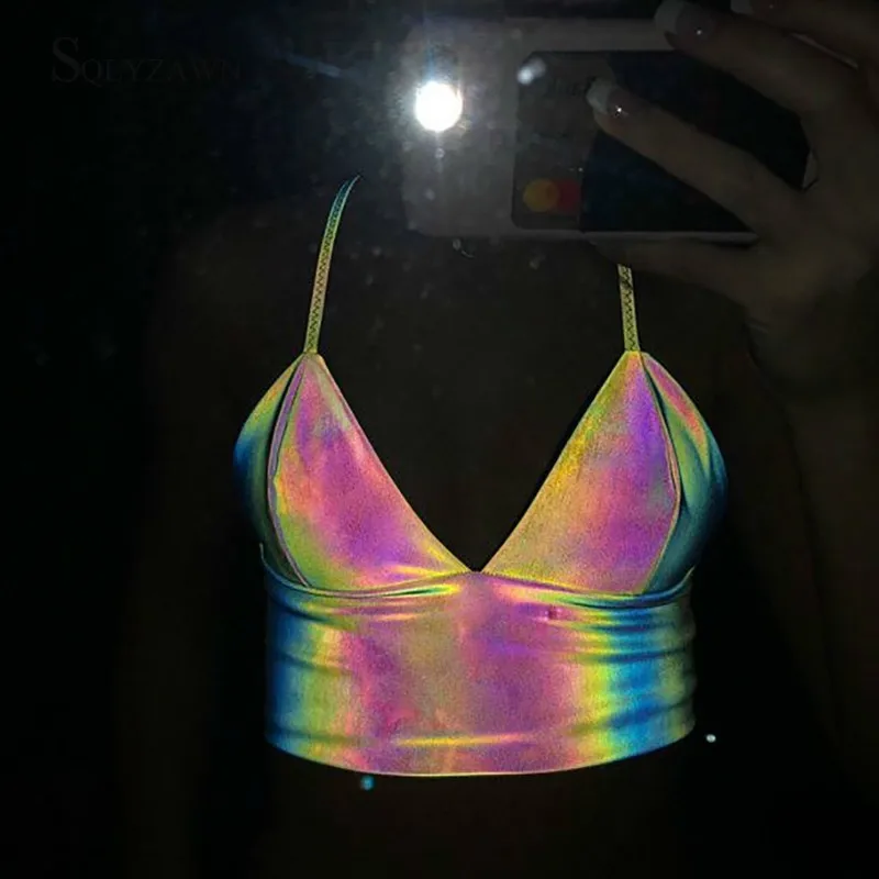 Топ женский светоотражающий яркий Радужный с V-образным вырезом в готическом