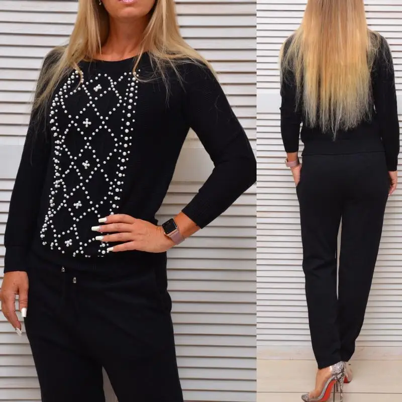 black pearl Knitted tracksuit for women Hooded Sweater Casual knitted suit Women 2 Piece set Zipper long sleeve Sporting women's suit - Цвет: black pearl