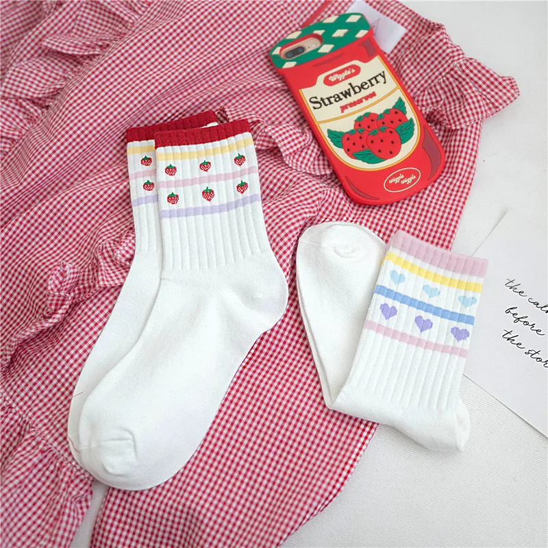

Kawaii Love Strawberry Candy Cartoon Design Cotton Women Socks Harajuku Patchwork Funny Short Socks