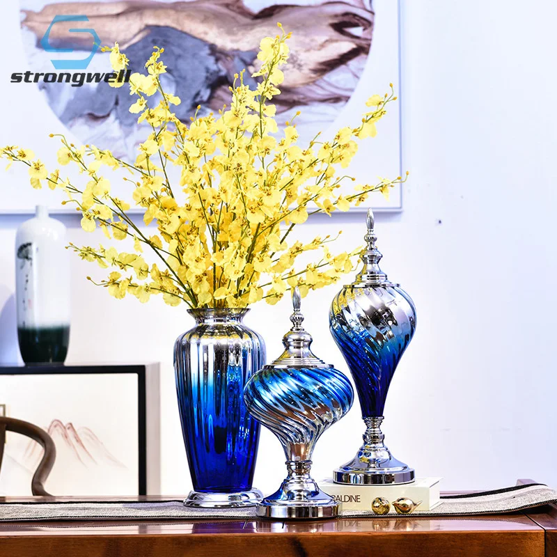 

Strongwell Sapphire Blue Gradient Flower Vase Craft Stained Glass Vase Model Desktop Home Furnishing Decoration Wedding Gift