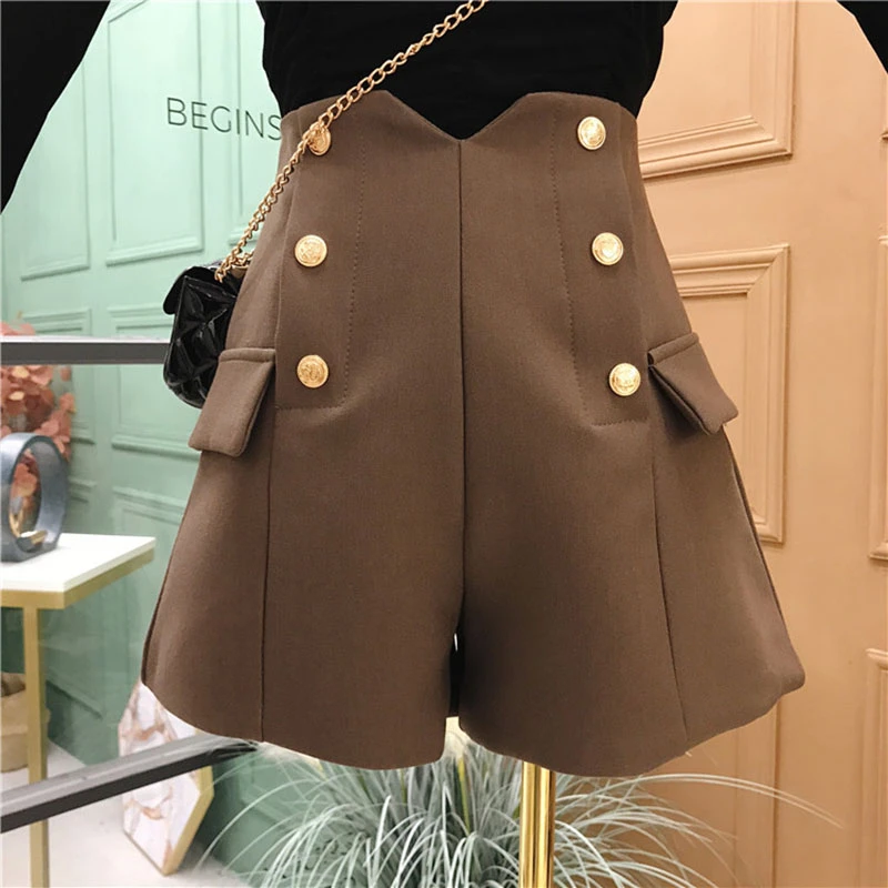

2021 New Winter autumn Black/brown Shorts Women Double-breasted Casual High Waist A-Line Wide Leg Black Shorts Female KZ888