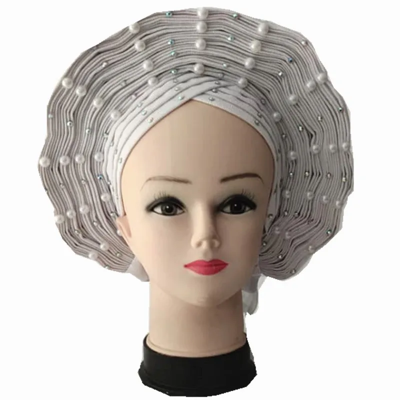 

African Gele Headtie Black Auto Geles With Beads And Stones For Women Braids Turban Headscarf