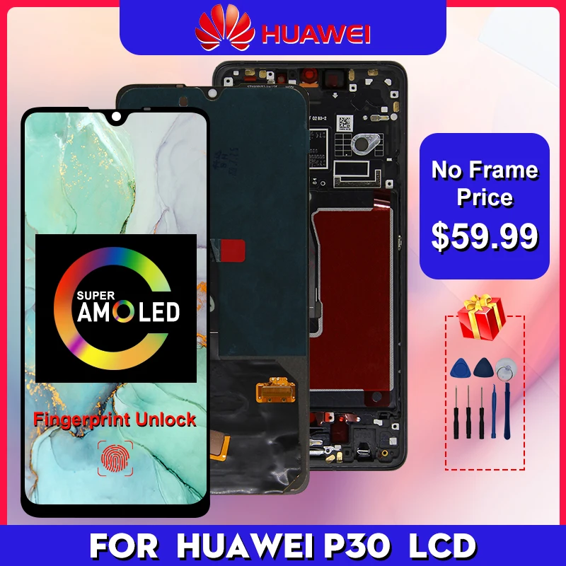 

SUPER AMOLED для HUAWEI P30 LCD ELE-L29 ELE-L09 LCD сенсорный экран дигитайзер Запасные части для Huawei P30 дисплей