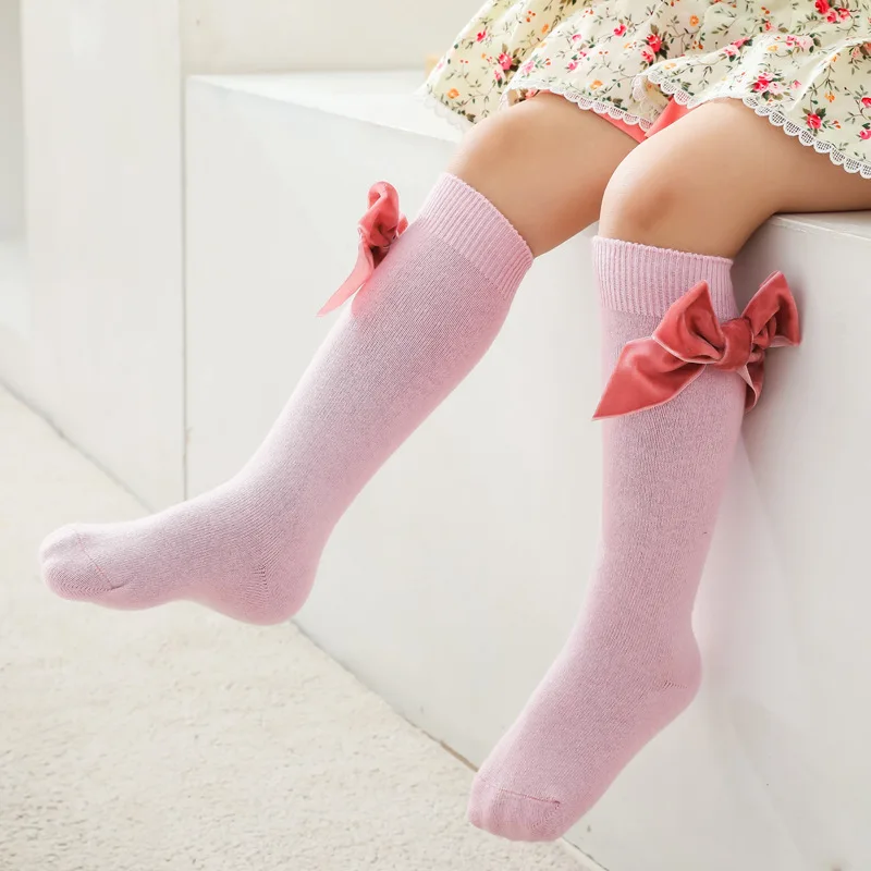 Милые детские носки с бантом однотонные Детские гольфы для девочек Теплые осенне-зимние детские длинные носки для малышей Детские аксессуа...