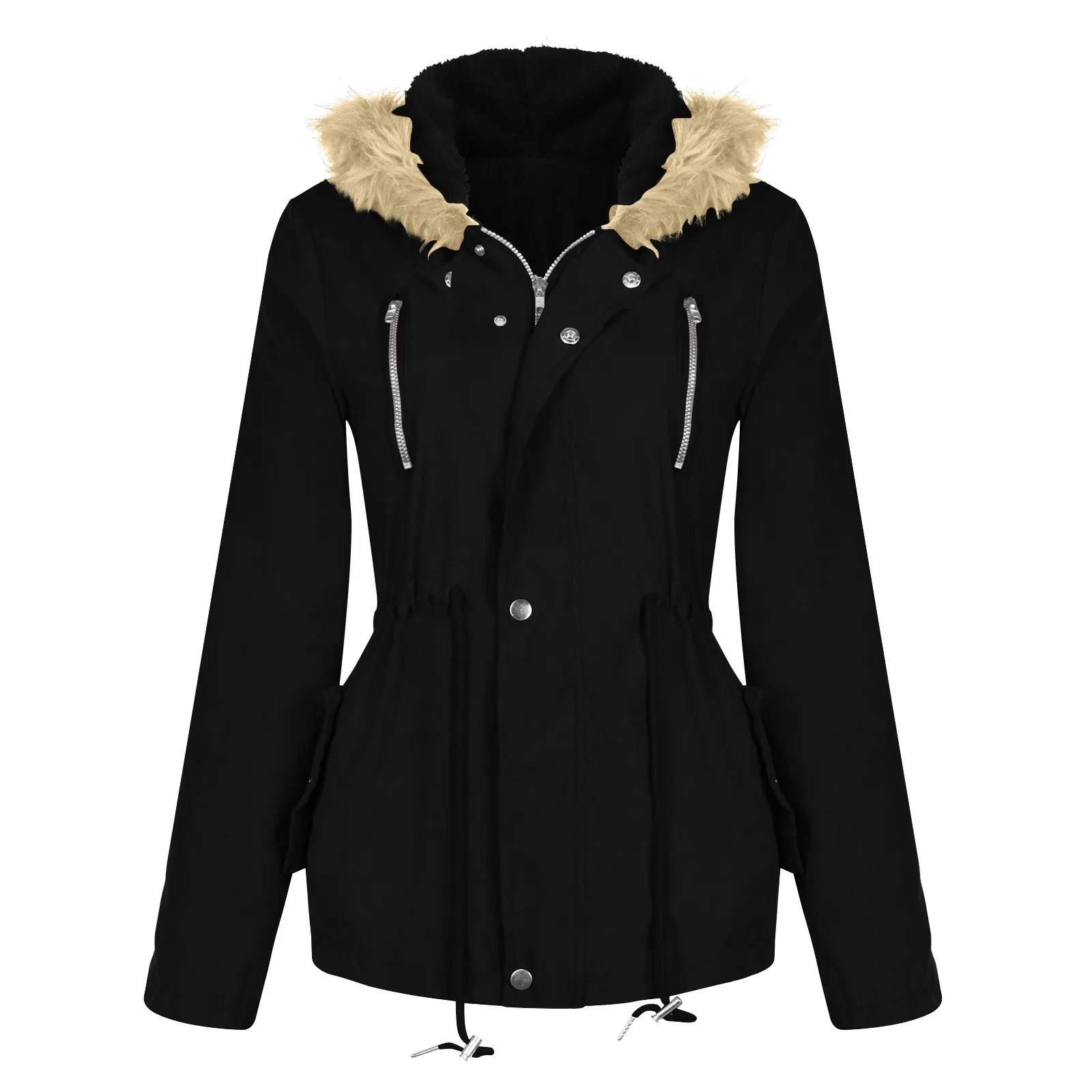 

Women Fashion Classic Long Sleeve Hooded Solid Colour Zipper Cotton Coat Thickened Down Padded Loose Cotton-Padded Tops