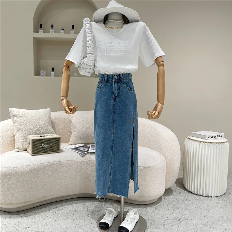 

NewWomen's Spring Summer 2021 NewHigh waist A-line split Straight Denim skirt