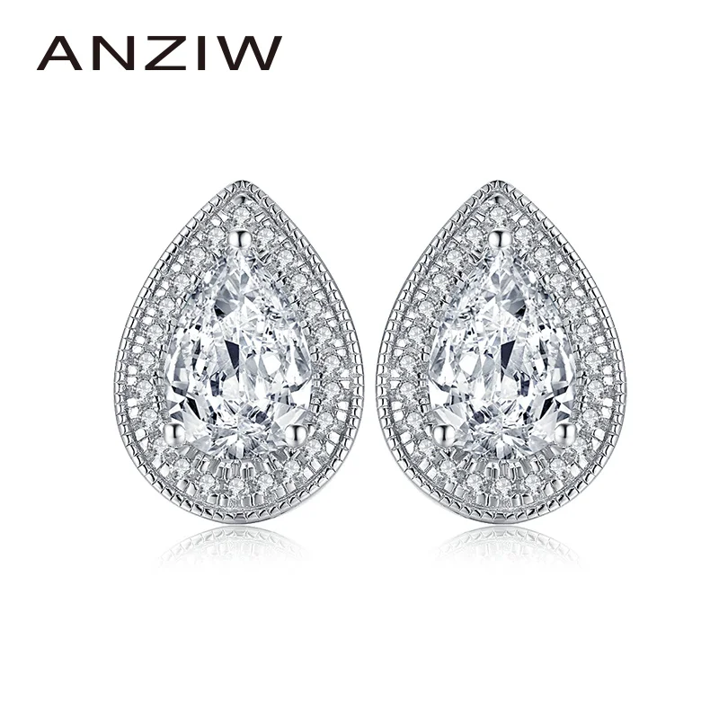 ANZIW 925 пробы Серебряная Груша 7x10 мм CZ серьги из гало 2CT серебряные гвоздики в виде
