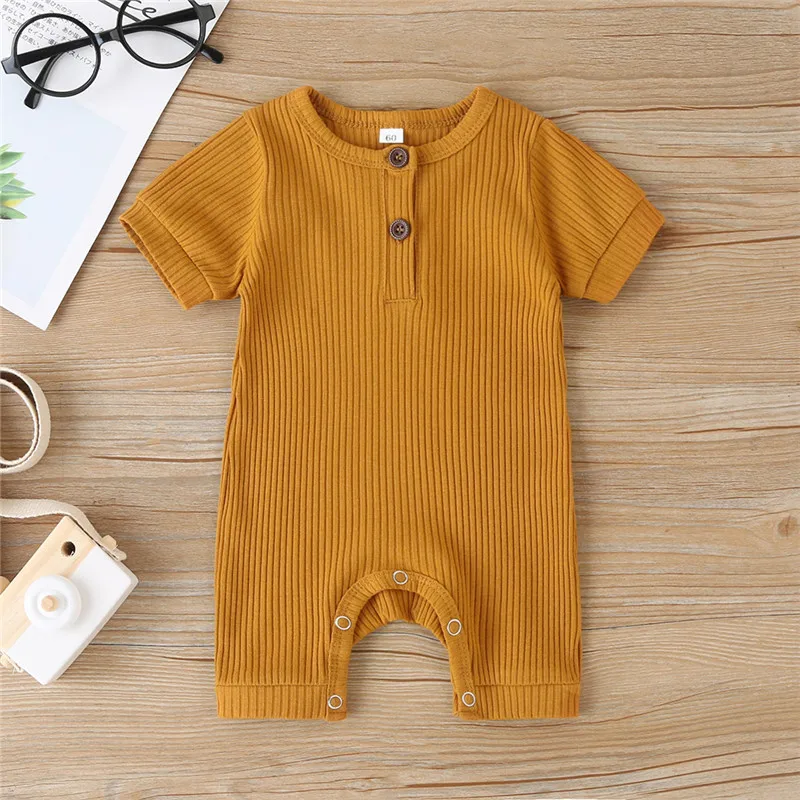 Baby Summer Clothing Infant Boy Ribbed Solid Romper Short Sleeve Jumpsuit Girl Knitted Stylish Cotton Sunsuit Newborn Bodysuit