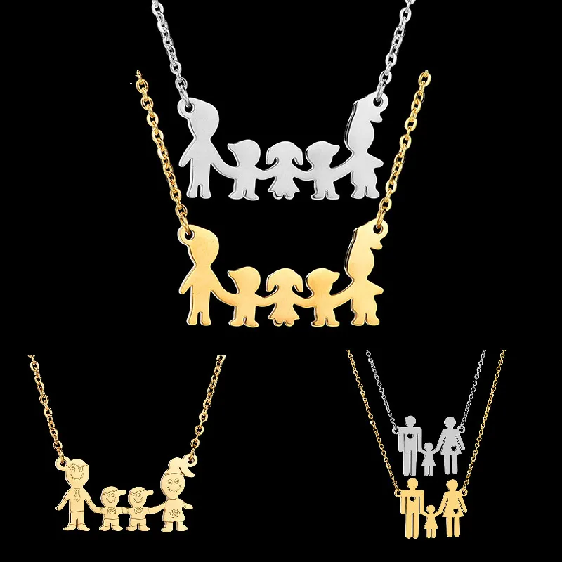 Lovely Women Firgure Family Necklace With Mom Dad Boys Girls Cartoon Love Daughter Son Heart Chain Gifts For Kids |