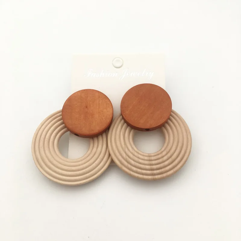 Богемные серьги кольца коричневые деревянные круглые подвесные висячие для