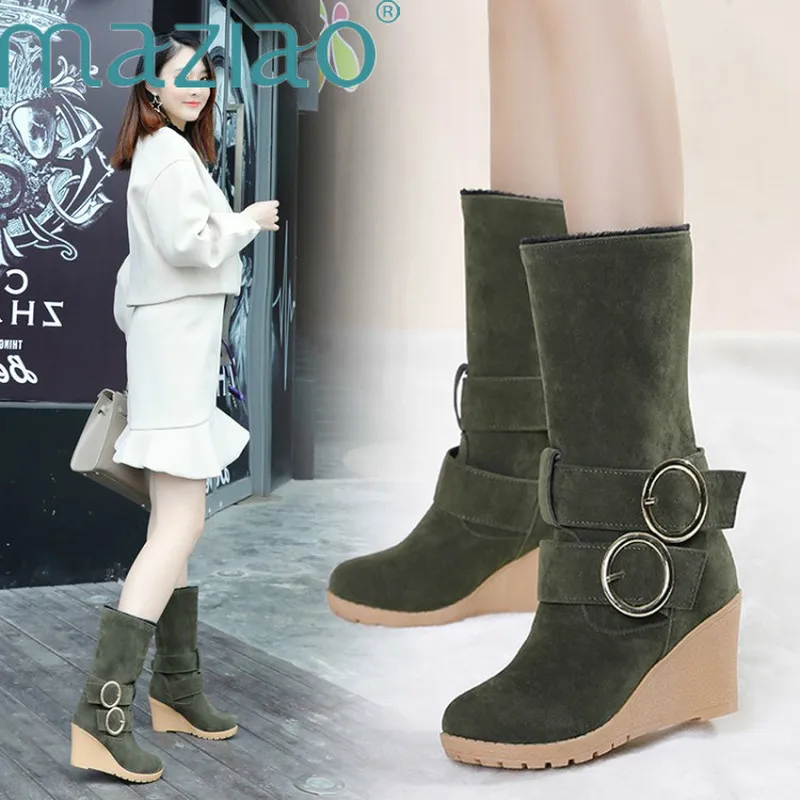 

High Heel Mid-Calf Boots Women Wedges Boots Ladies Buckle Shoes Woman Winter Shoes Flock Warm Boots Martin Snow Boots MAZIAO