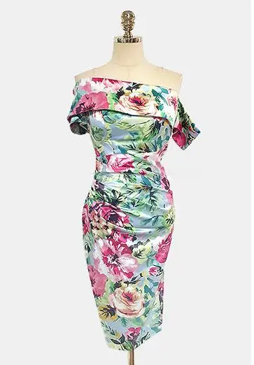 

Korean Style printed high waist knee-length Dress Women High Quality Slash neck sexy Bodycon Club Pebcil Dresses New 2020 Summer
