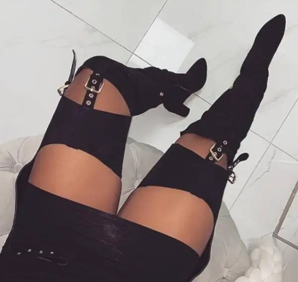 as picture Red Yellow Black Suede Woman Pointed Toe Over The Knee Buckles Sexy Pants Belts Boots High Heel Square Toe Long Boots Lady - Цвет: as picture