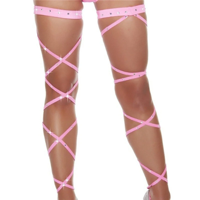 

Sexy Women Bandage Fishnet Stockings Thigh-High Crystal Studded Thigh High Leg Rave Wraps Strappy Rhinestone Tights