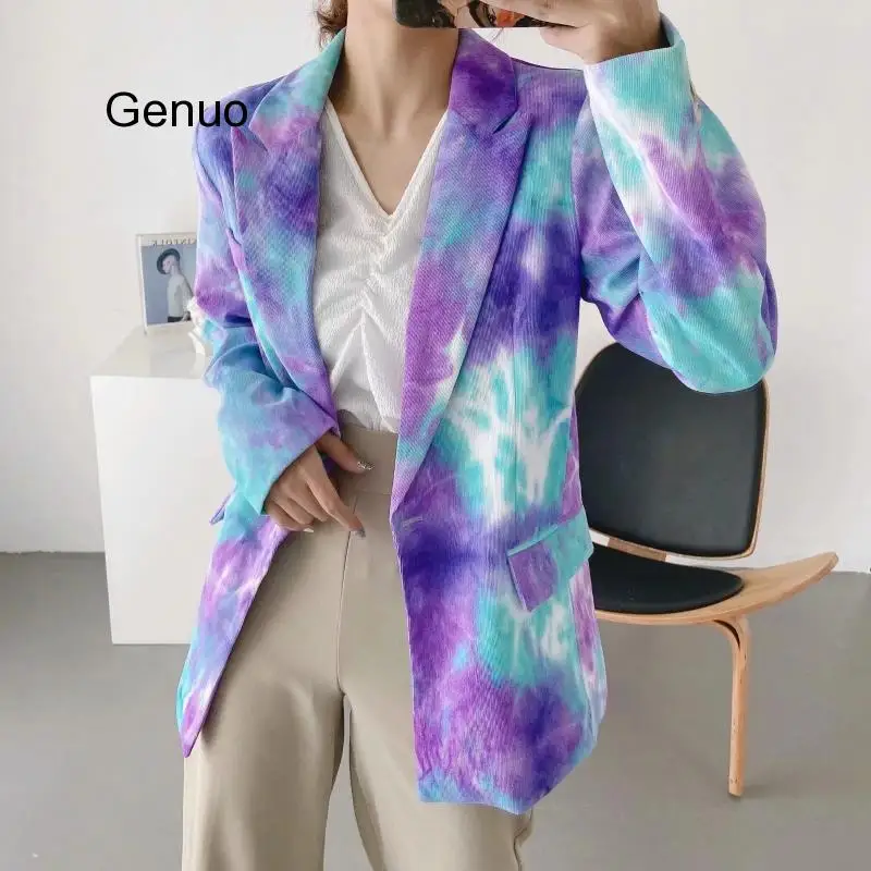 

Korean Style Loose Small Suit Jacket Mid-length Jackets Women 2020 Women's Coat Purple Green Tie-dye Double-breasted Suit Coats