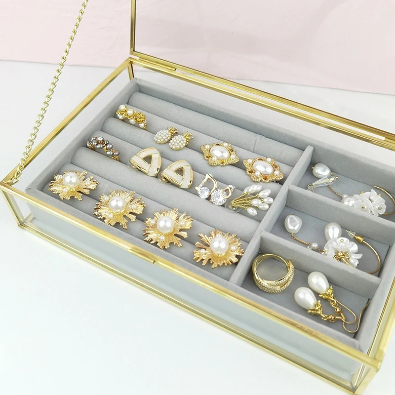

Clear Glass Jewelry Box Earrings Bracelets Holder Rings Necklaces Jewelry Organizer Display Storage Charm Box Showcase