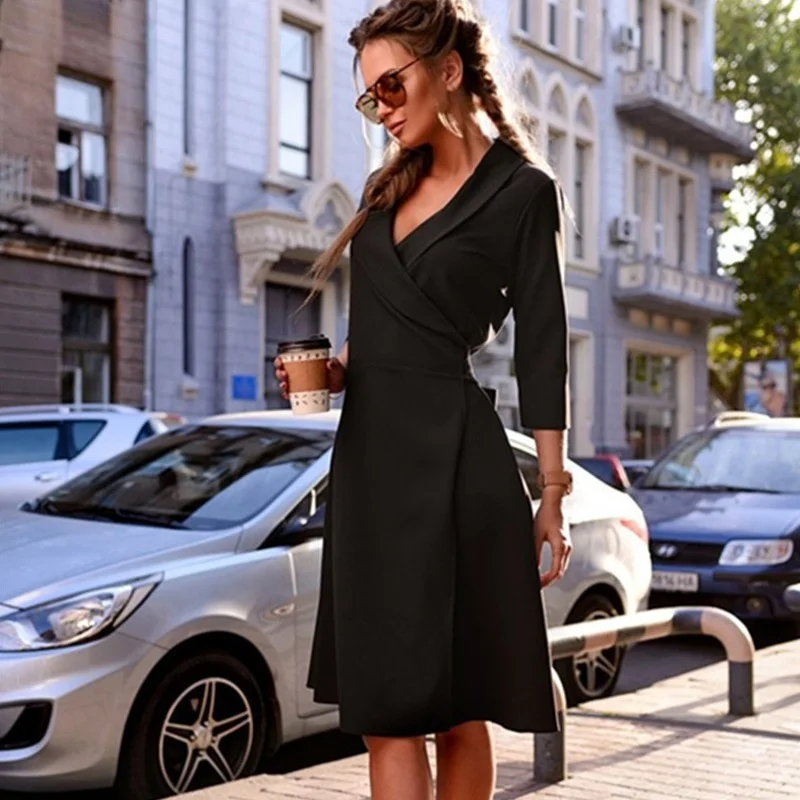 

Office Lady 2021 Autumn Spring Black Purple Female Dresses Formal Long Notched Neck A-line Elegant Night Party Prom Women Dress