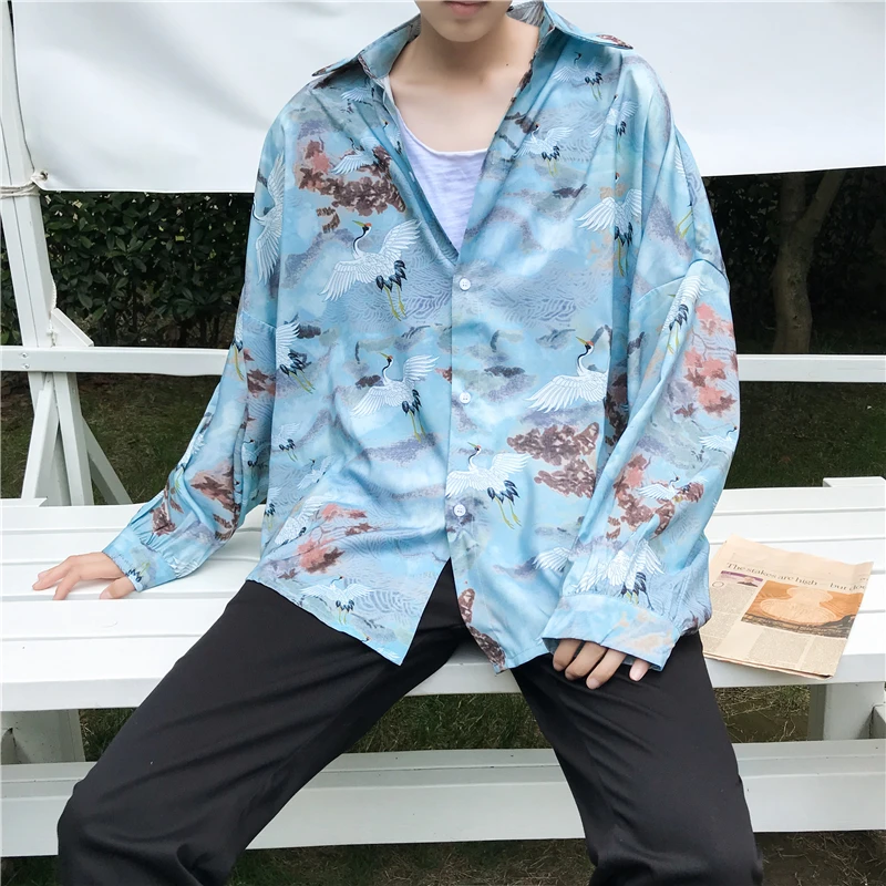 YASUGUOJI New 2021 Autumn Streetwear Men Shirt Long Sleeve Mens Printed Shirts Man High Quality Fashion Loose | Мужская одежда