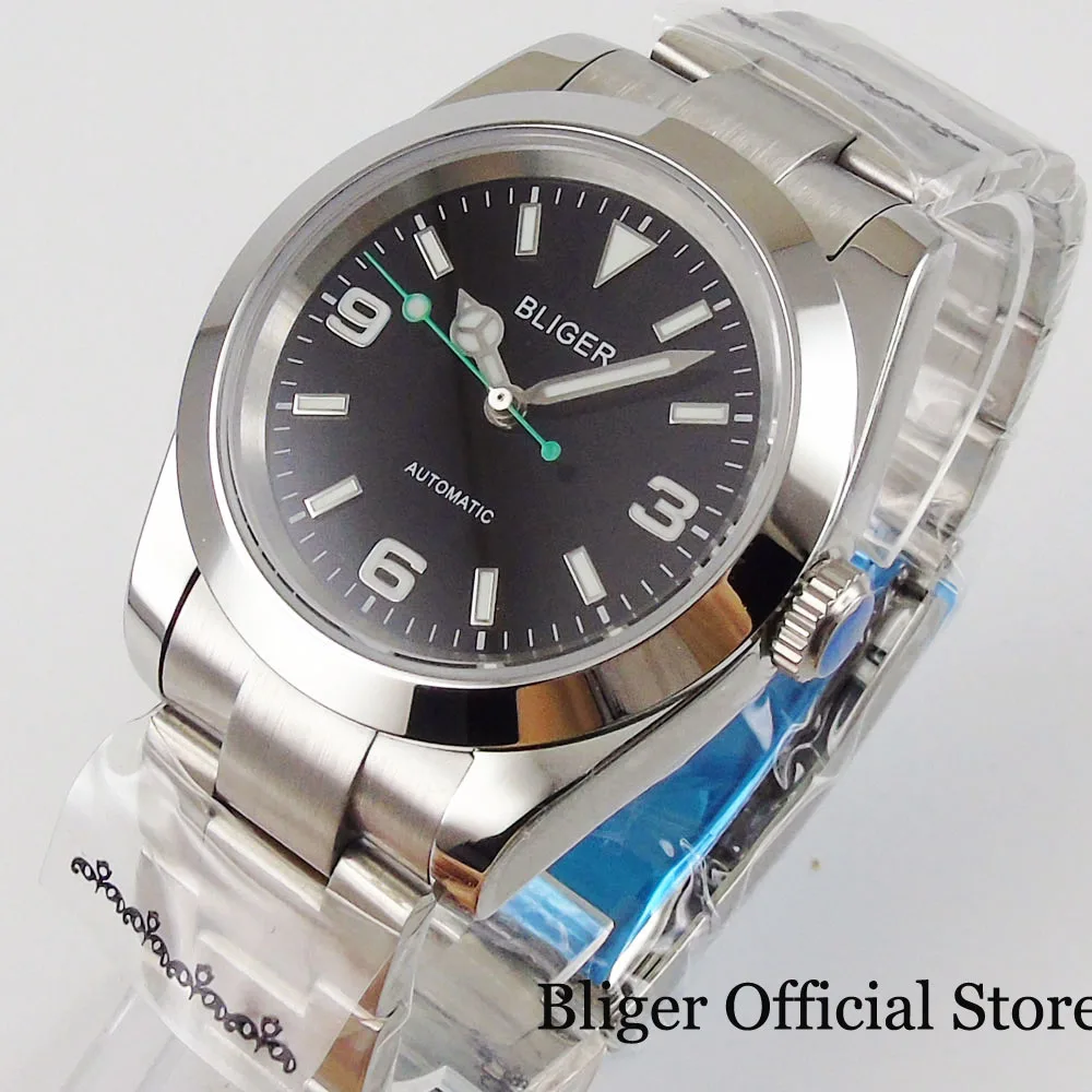 BLIGER Automatic Men Watch Japan NH35 MIYOTA 8215 Green Second Hand Brushed Oyster Strap Flat Sapphire Crystal Seeing Back