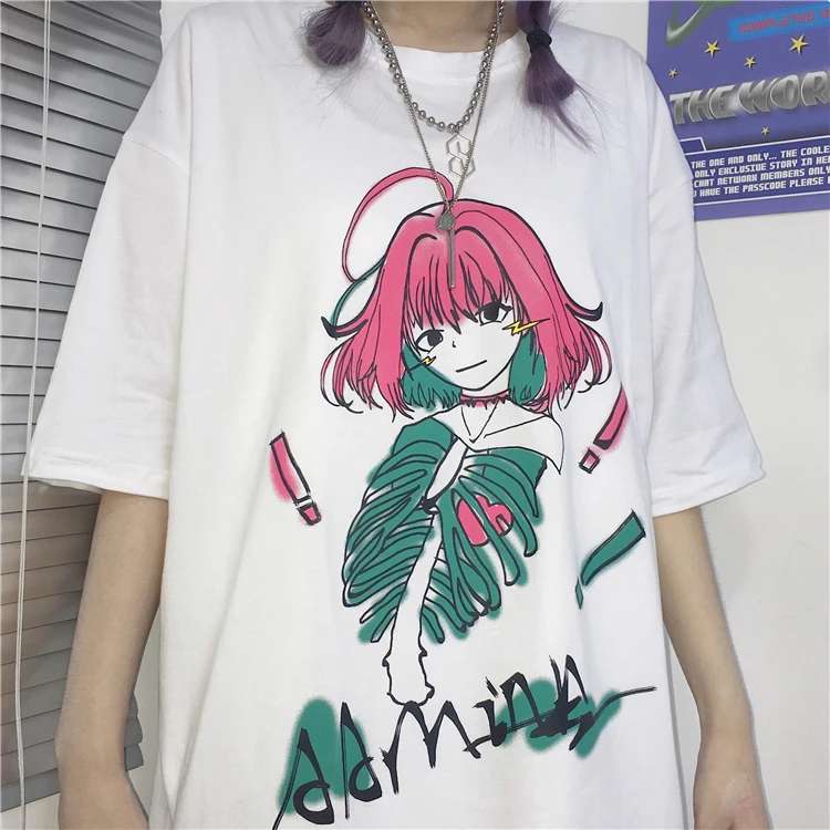 

Summer Cartoon Printed T-shirt Women's New Korean Harajuku Style Dark Depressed Loose Couple's Short-Sleeved Shirt Fashion