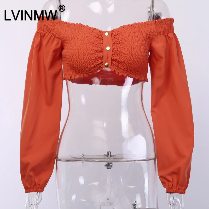 LVINWM сексуальный укороченный топ с рюшами и рукавами-фонариками пуговицами в