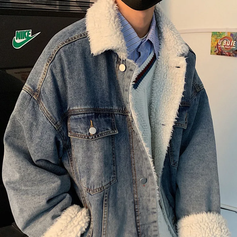 Зимняя Толстая джинсовая куртка GODLIKEU Мужская парка теплая Модная из меха ягненка