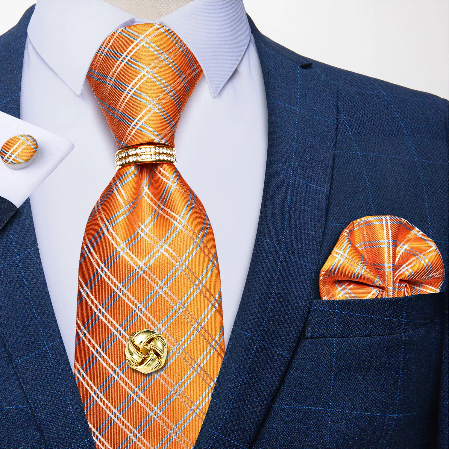 

Orange Plaid Striped Ties For Men Tie Tack With Chain Wedding Party Neck Tie Handkerchief Gold Tie Ring Set Gift For Men DiBanGu