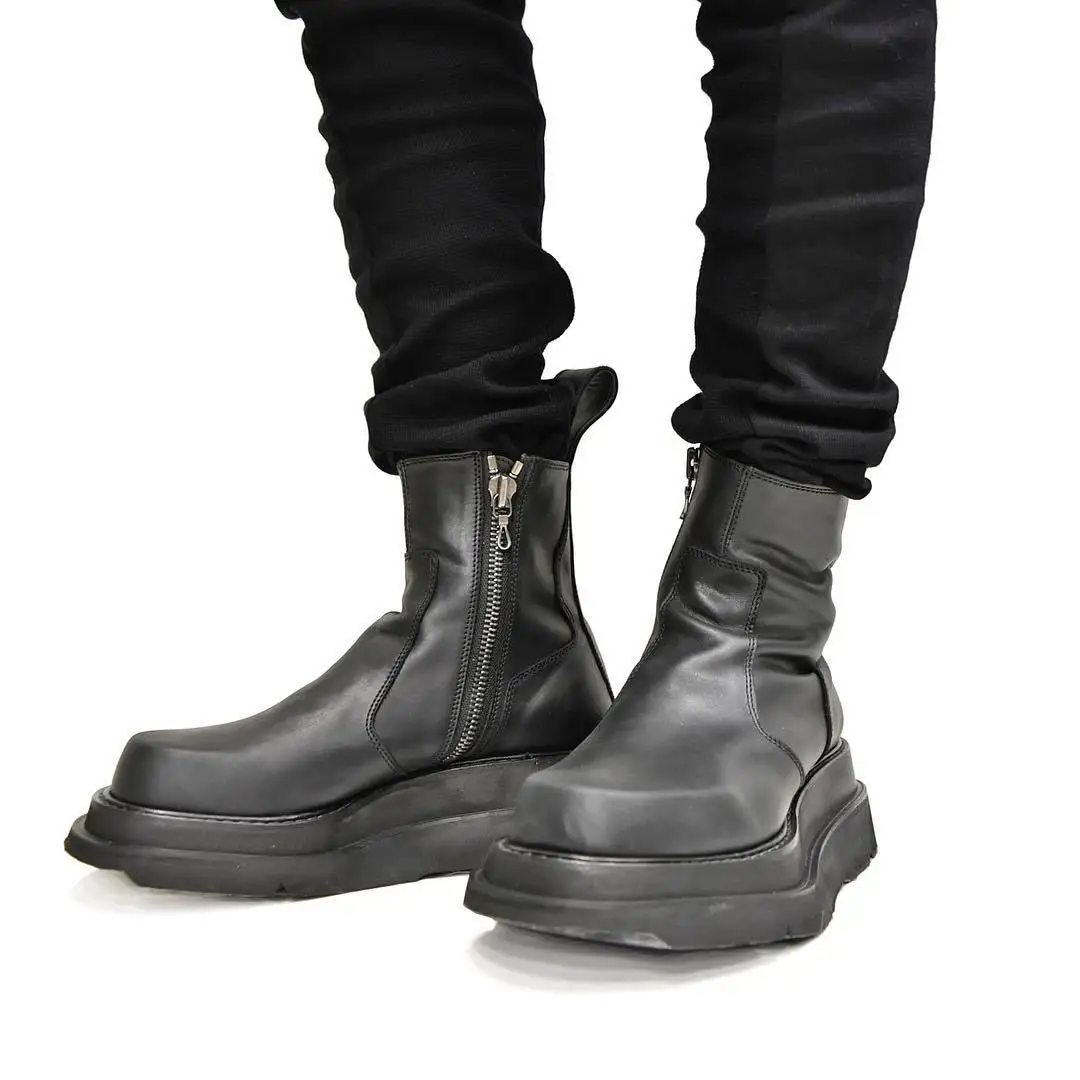 

Men Ankle Boots Genuine Cow Leather Thick Sole Platform Motorcycle Men's Black Leather Warm Shoes Winiter Fur Boots High Top