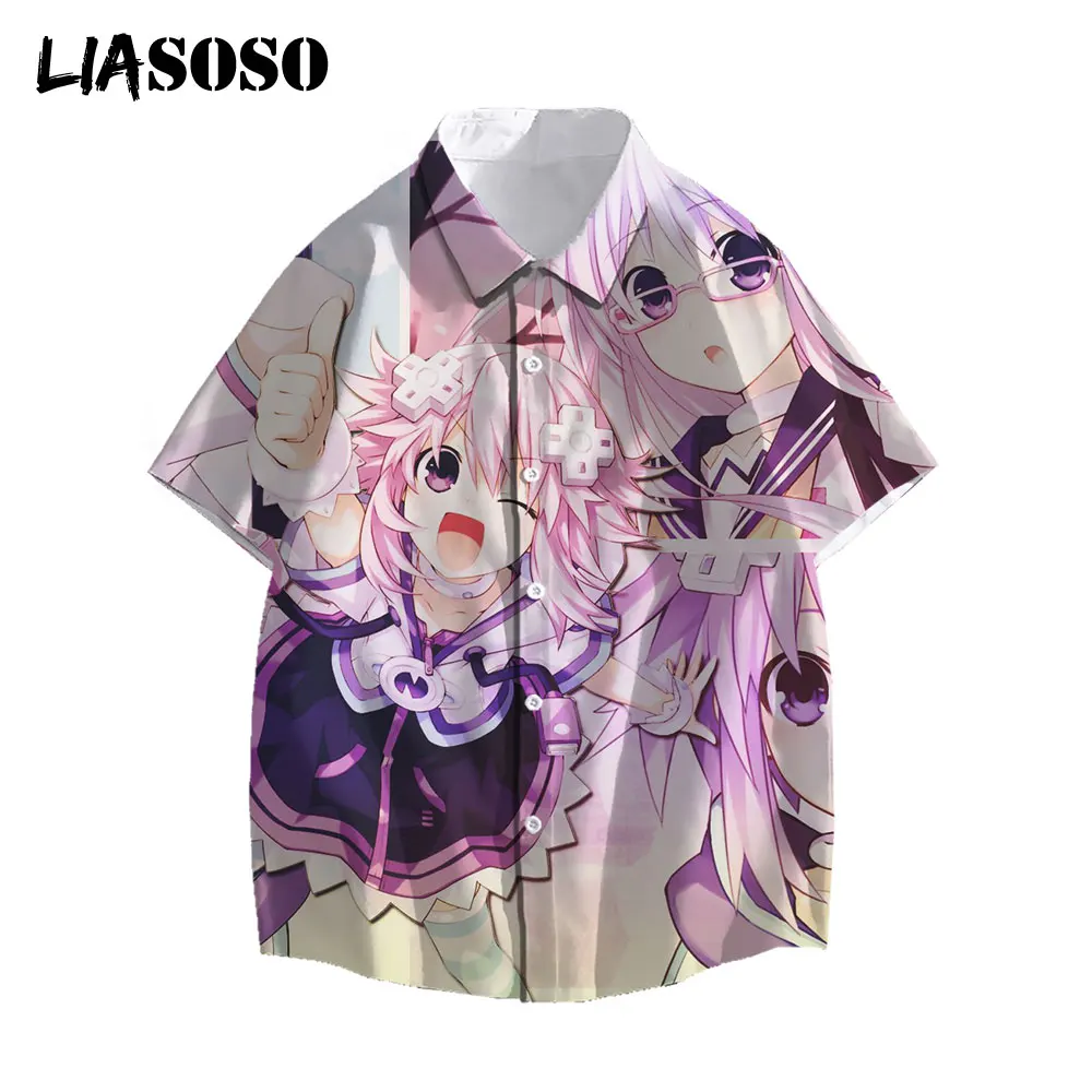 

LIASOSO New Men's Shirts Women Men Camicias Casual Wild Shirts Anime Hyperdimension Neptunia 3D Printed Short-Sleeve Tops