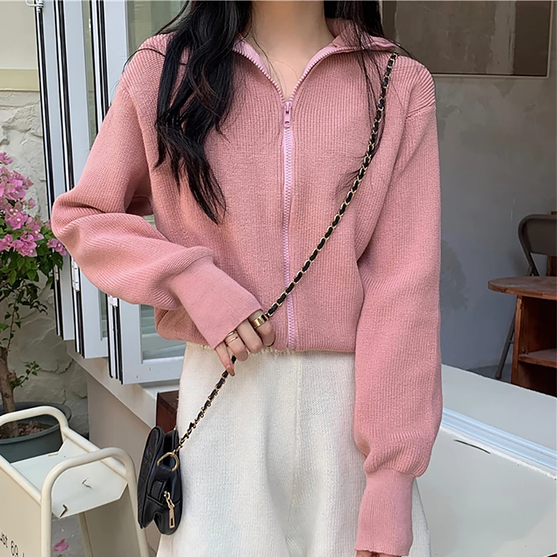 

BETHQUENOY Knit Coat Clothing Women Solid Knitted Cardigan Sueters De Mujer Casual High Neck Zipper Sweater Cardigans For Woman