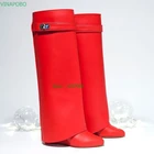 Женские сапоги на танкетке с замком Акула, черные складные сапоги до колена, с острым носком, без застежки, мотоциклетные сапоги