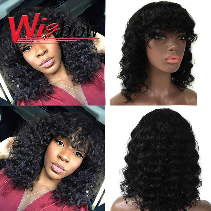 

Brazilian Hair Wig Curly Hair Wig With Bangs Deep Wave Wig Ombre Human Hair Wig For Black Women T1B 30 Black Full Machine Made