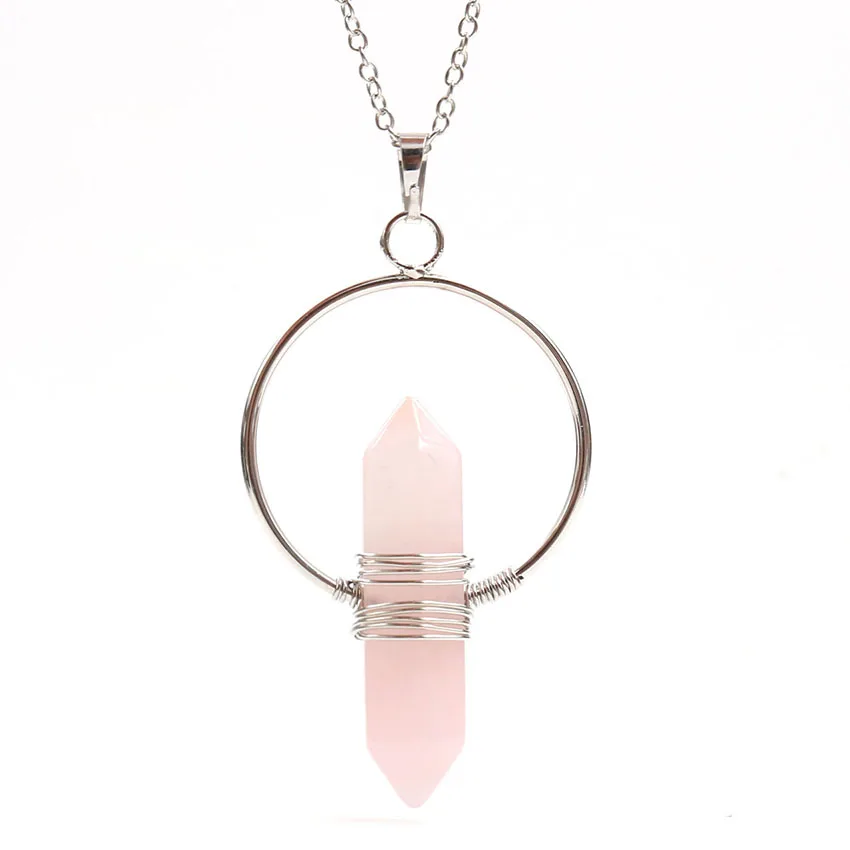 FYJS Unique Silver Plated Circle Wire Wrap Amethysts Hexagon Column Pendant Link Chain Necklace Opalite Opal Jewelry | Украшения и