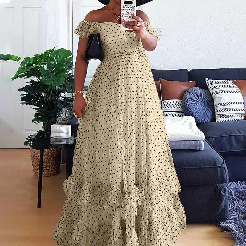 

VONDA 2021 Casual Square Neck Dress Women Shorts Sleeve Polka Dot Dresses Ladies Ruffled hem Pleated Robes Bohemian Vestidos