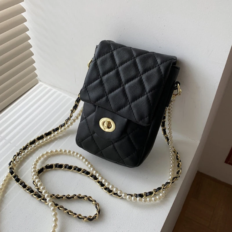 

Quilited Pearls Chain Women Shoulder Bag Small Square Phone Crossbody Bags For Women Luxury Designer Pu Leather Women's Handbags