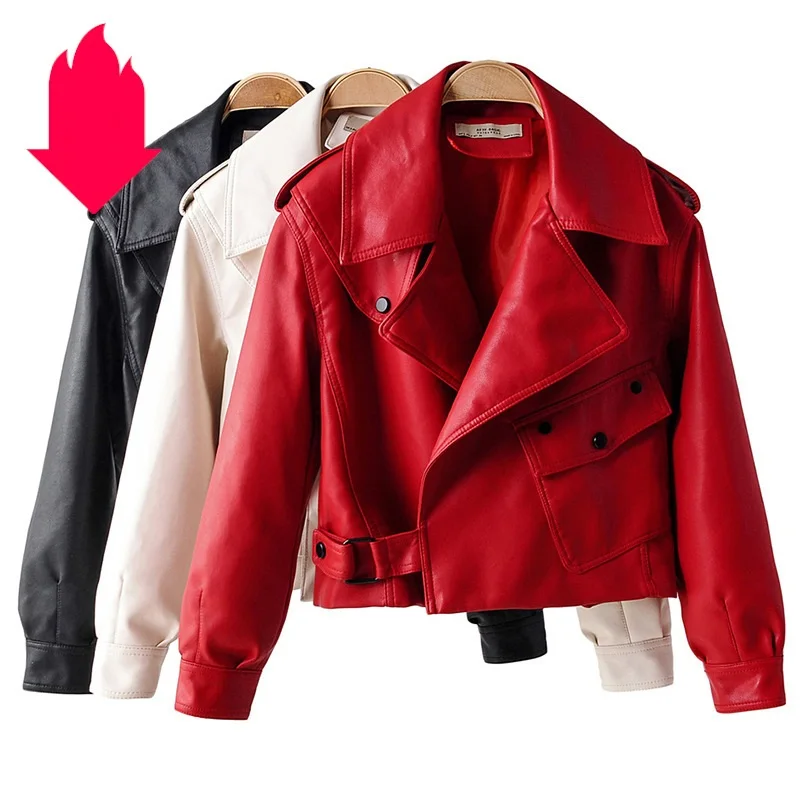 

New Autumn Women Faux Leather Jacket Pu Motorcycle Biker Red Coat Turndown Collar Loose Streetwear Black Punk Outerwear Y893