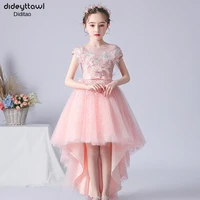 flower girl dress with train 2021 high low tea length children show performance costume kids long tulle pink gowns clothes