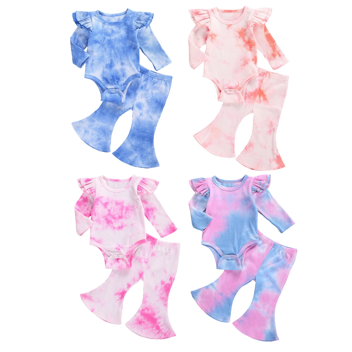 

Baby Girl's Clothes Tie-dyed Set Long Sleeve Romper Top Bell Bottom Long Pants 2Pcs Outfits Fashion Casual Infant Clothing 0-24M
