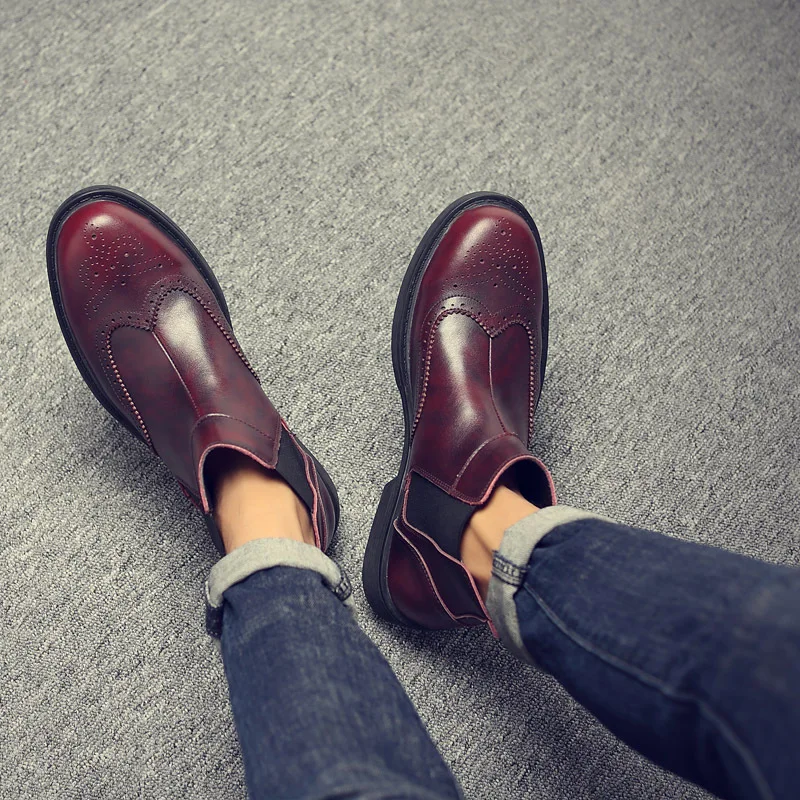 Winter PU Chelsea Boots Men Elastic Band Pointed Toe Ankle Boots Solid Casual Motorcycle Shoes Plus Size Black Brown