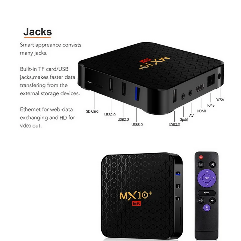 MX10 Pro 6k ТВ Box Android 9 0 4 ядра 64-бит ARM Cortex-A53 Вай-Фай HDMI Декодер каналов кабельного