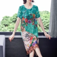 zuoman sunmmer 2021 silk dress printed short sleeved dress large size 4xl vintage floral mulberry women elegant party vestidos
