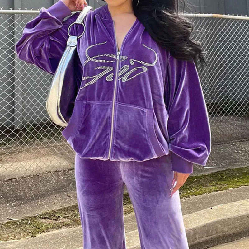 

Casual Velvet Women Two Piece Sets Autumn Streetwear Elegant Hot Drill Zipper Hoodies High Waist Casual Female Trouser Suits