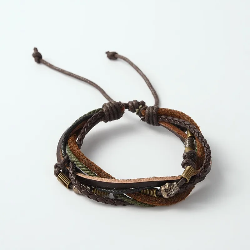 

1PC Adjustable Retro Multi-strand Bracelets 6-strand Leather Cord Bracelets with Wood Beads Antique Silver For DIY