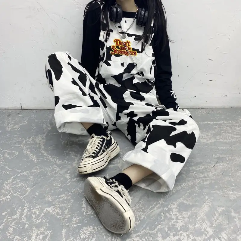 

HOUZHOU Hippie Cow Print Jumpsuits Harajuku Cow Patterned Trousers Korean Style Overalls Casual Baggy Wide Leg Pants Spring 2021