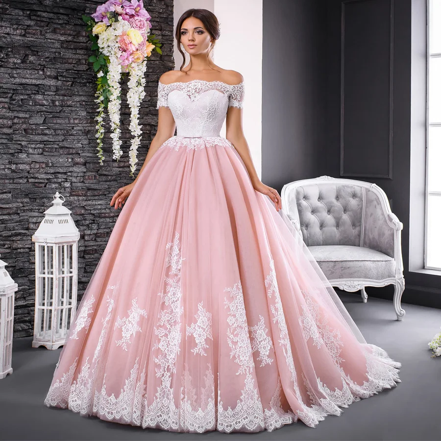 

Gorgeous Pink Wedding Dresses Lace Applique Boat Neck Off Shoulder Short Sleeves Formal Ball Gown Bride Dress Vestids de noiva