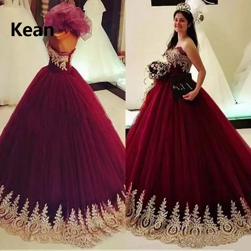 

Burgundy Quinceanera Dresses Ball Gown Gold Lace Strapless Lace Up Back Sweet 16 Dresses Graduation Gown Vestidos Evening Dress