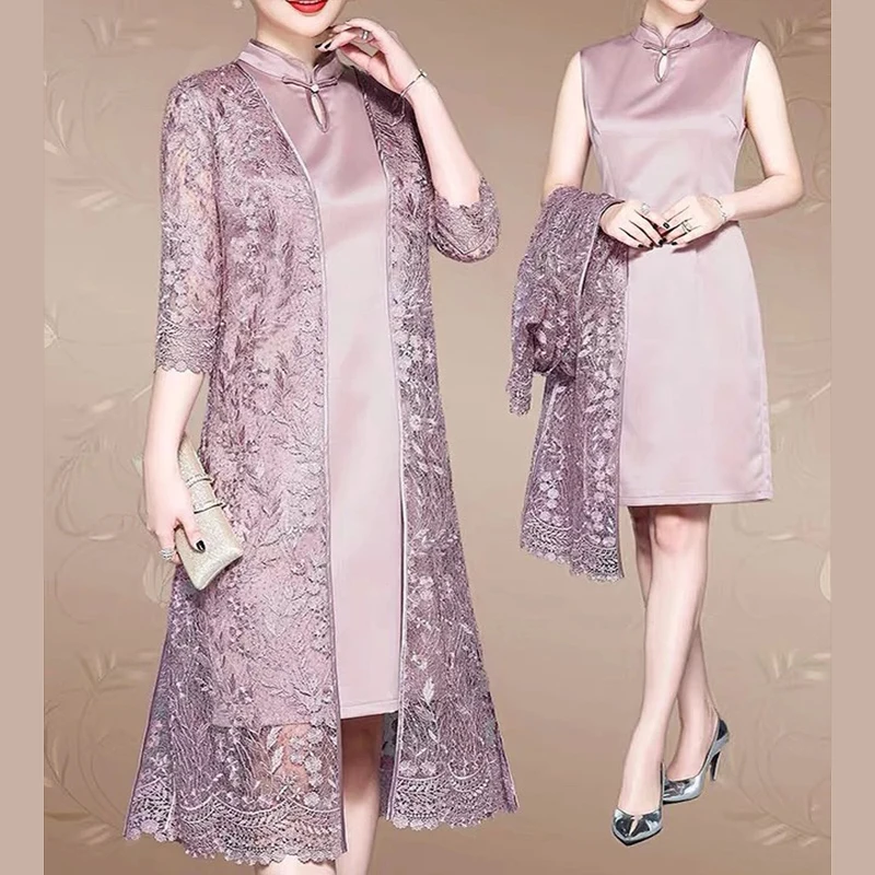 

2 Pieces Luxury Embroidery Mother Of The Bride Dresses With Jacket Half Sleeve Knee Wedding Mother Guest Evening Prom Gown A234