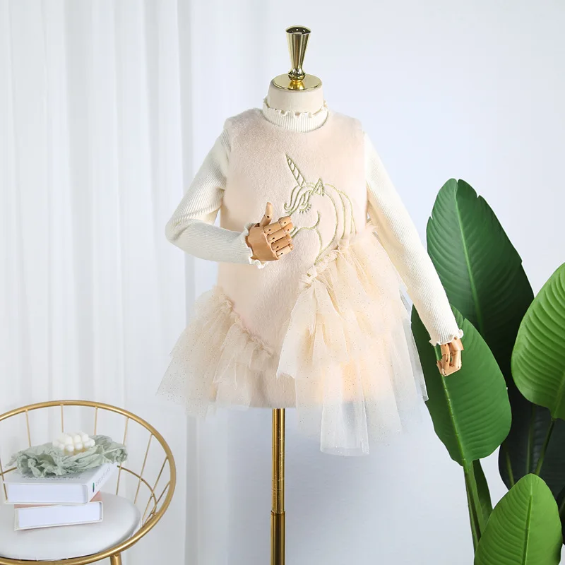 Lolita Girls Faux Fur Unicorn Vest Dress for Kids Fall Winter Clothing Ruffles Sweet Unicorio Baby Girl Christmas Costume | Детская