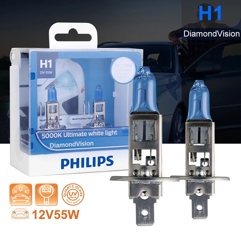 Philips h1 галогенный 55 Вт 12 В Diamond Vision 5000K Ultimate белый светильник Авто Лампа H1 головной