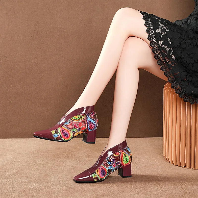 

FEDONAS Retro Genuine Leather Pumps Women Autumn Winter Warm Ethnic Flowers Embroider High Heels Casual Shoes Woman Square Toe